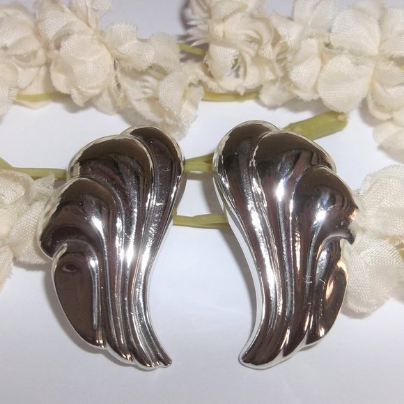Vintage Jewelry - VINTAGE Earrings Silver Fan Wing Retro Style Jewelry Set Pair Post Stud A019